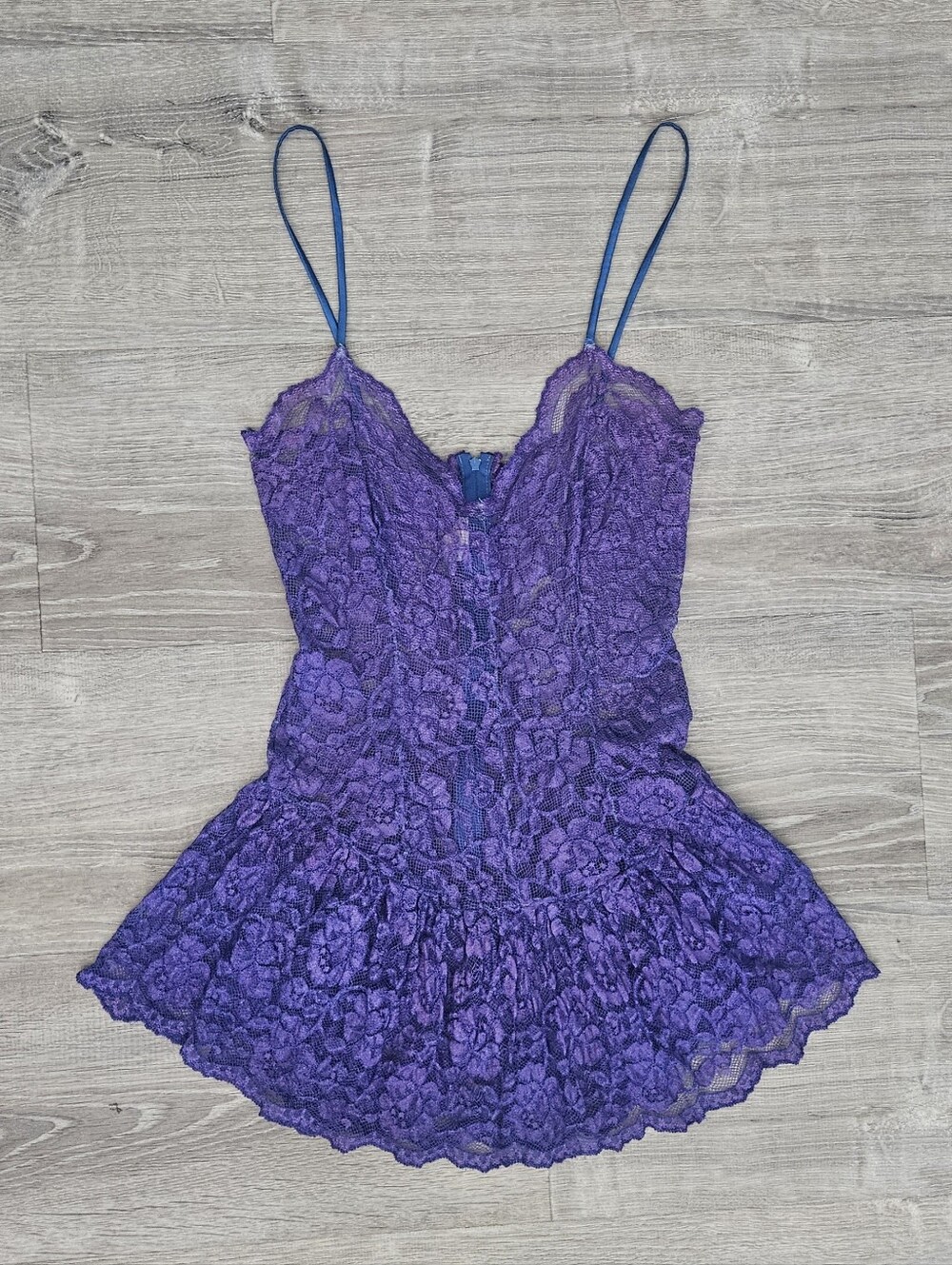 Vintage 90s Trashy Lingerie Purple Sheer Lace Babydoll Cami Top Ruffle Peplum L